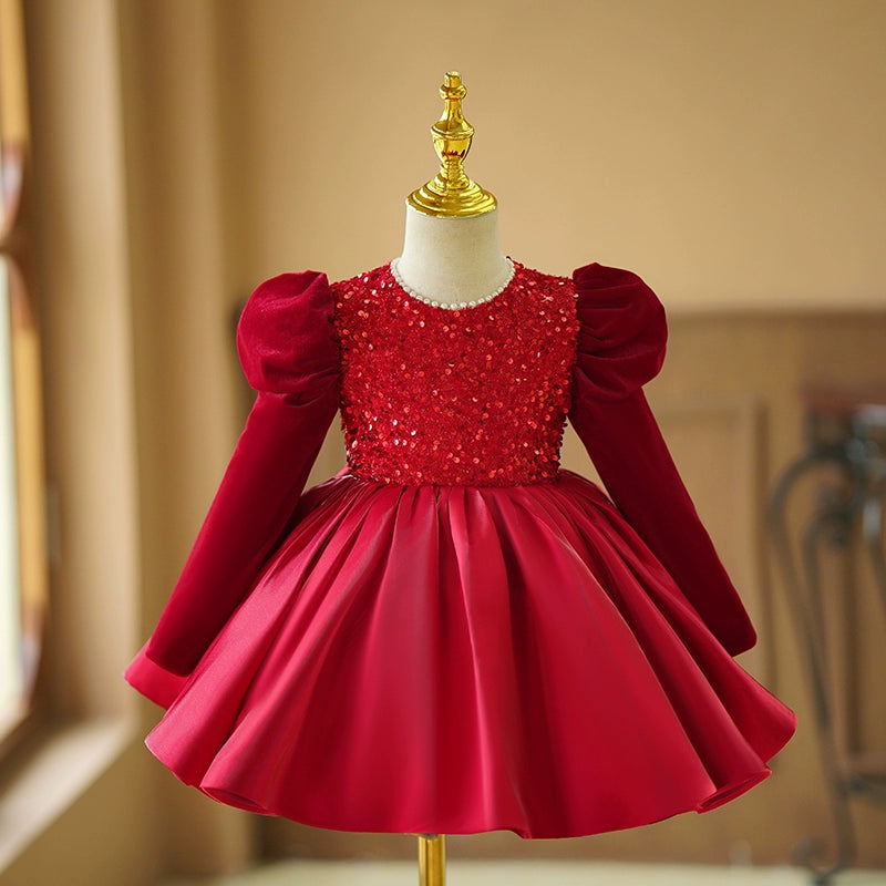 Red Sequin Princess Dress for Girls | Satin Long Sleeve Knee-Length Holiday Outfit
