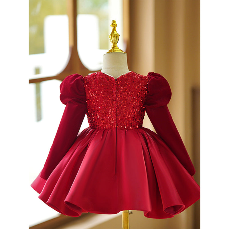 Red Sequin Princess Dress for Girls | Satin Long Sleeve Knee-Length Holiday Outfit