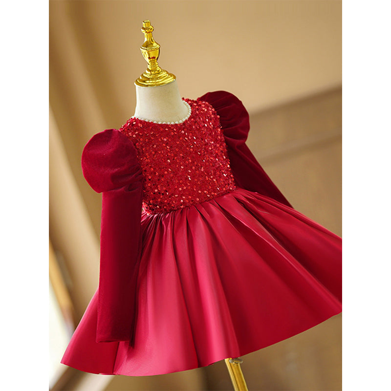 Red Sequin Princess Dress for Girls | Satin Long Sleeve Knee-Length Holiday Outfit