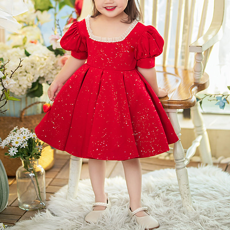 Red Princess Satin Flower Girl Dress Beaded Sequins