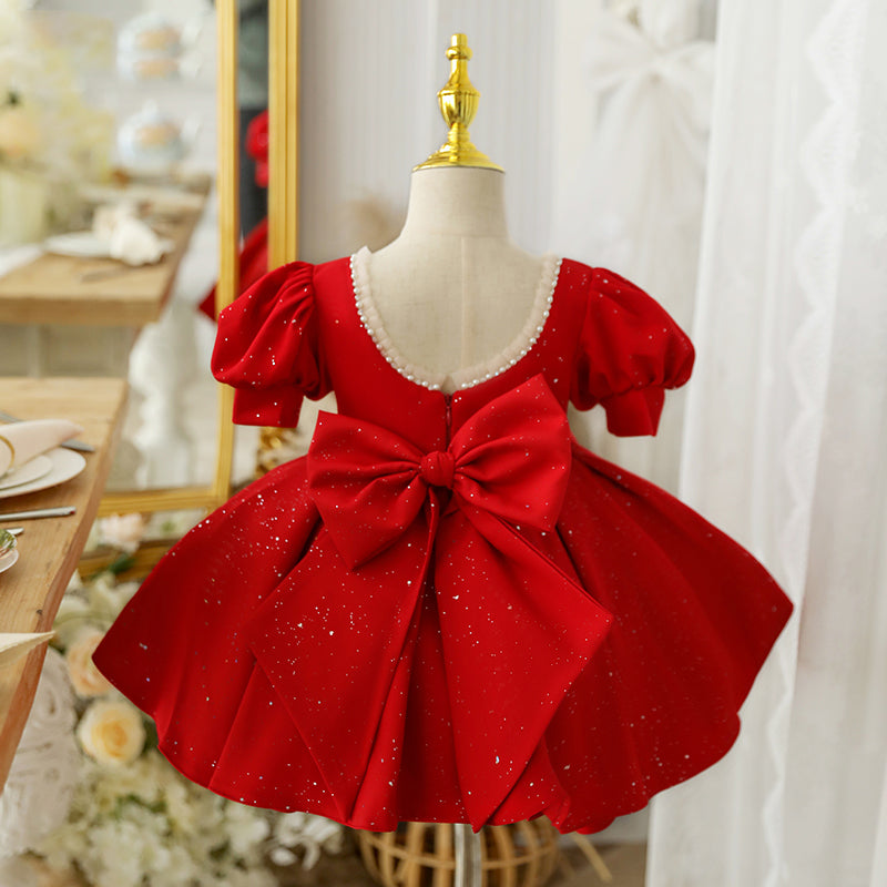 Red Princess Satin Flower Girl Dress Beaded Sequins