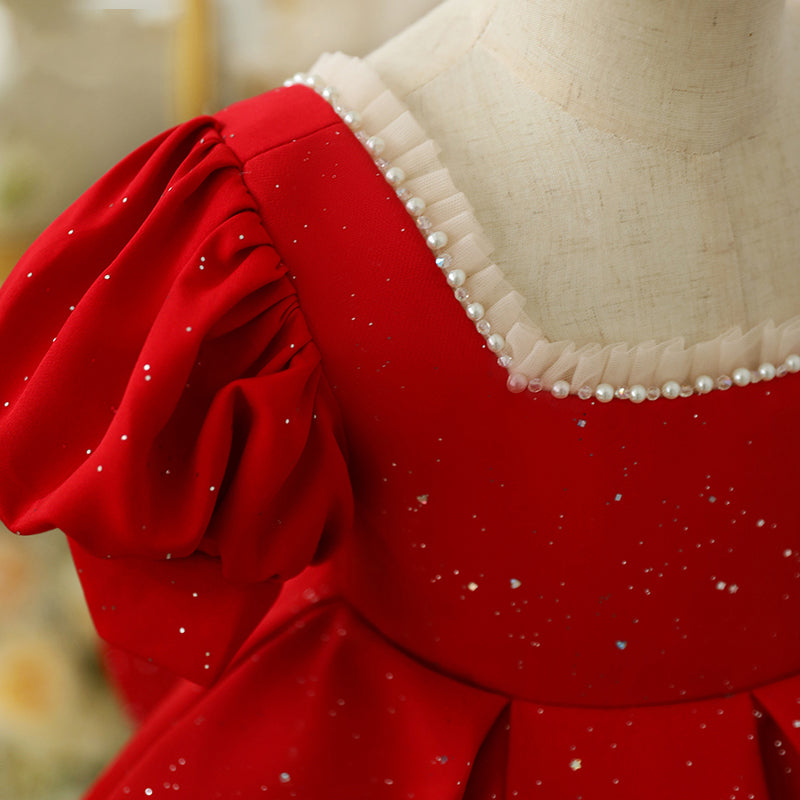 Red Princess Satin Flower Girl Dress Beaded Sequins