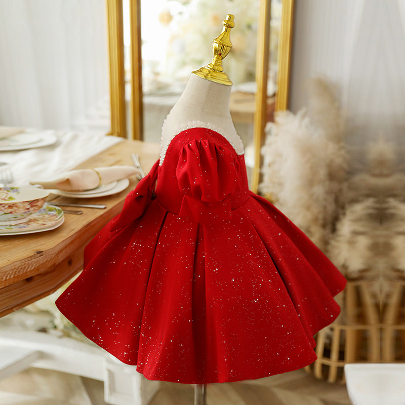 Red Princess Satin Flower Girl Dress Beaded Sequins