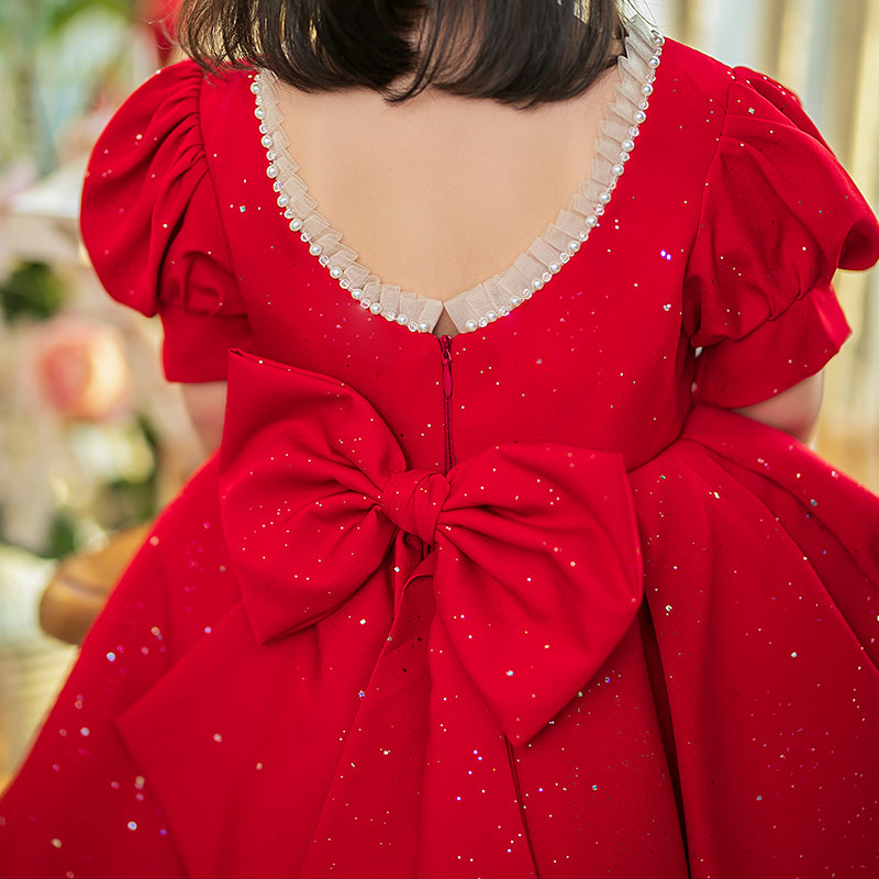 Red Princess Satin Flower Girl Dress Beaded Sequins