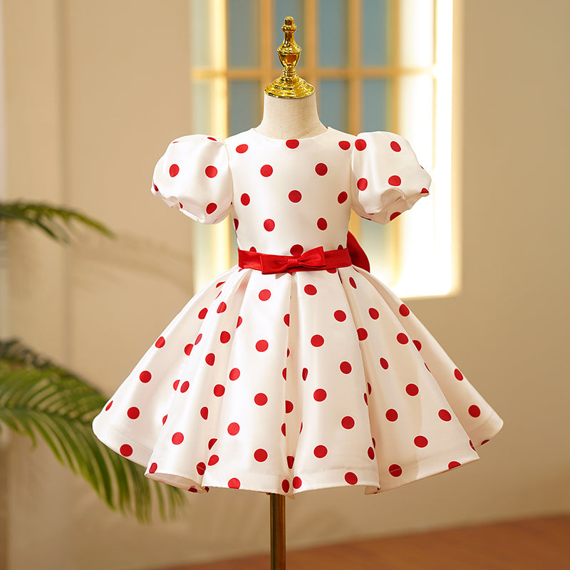 Red Princess Satin Flower Girl Dress - Puff Sleeve, Tea Length