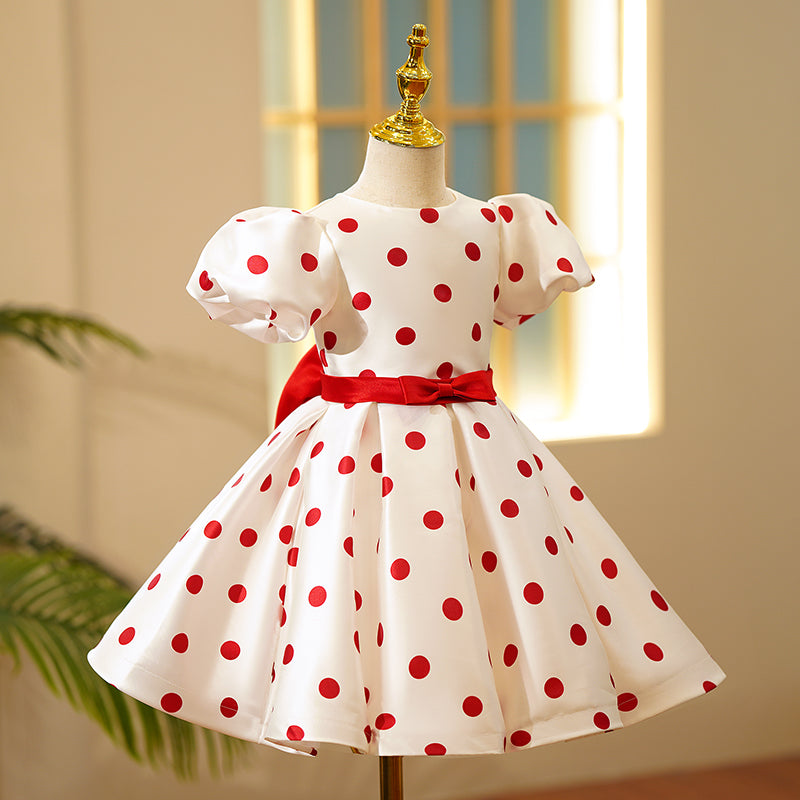 Red Princess Satin Flower Girl Dress - Puff Sleeve, Tea Length