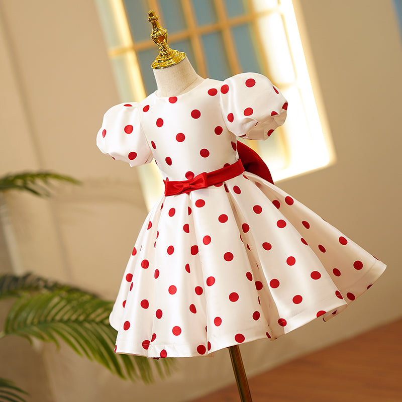 Red Princess Satin Flower Girl Dress - Puff Sleeve, Tea Length