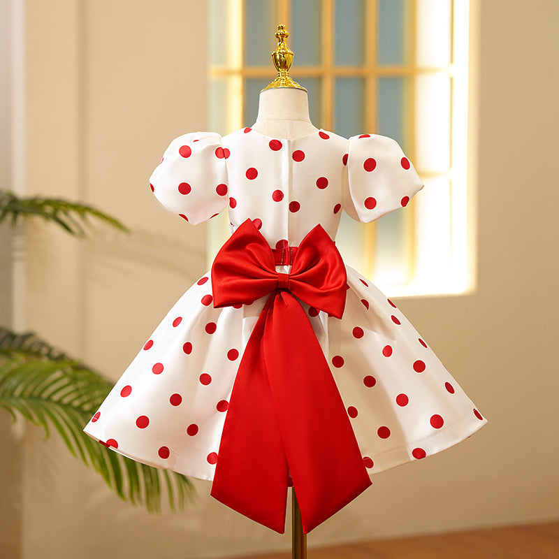 Red Princess Satin Flower Girl Dress - Puff Sleeve, Tea Length
