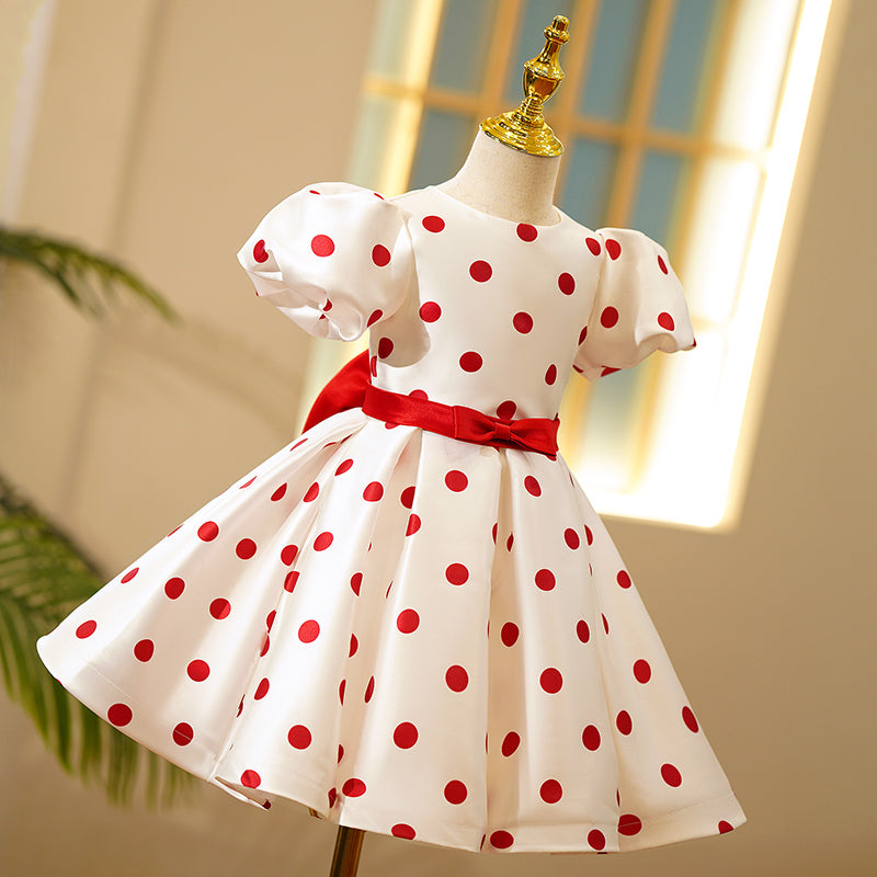 Red Princess Satin Flower Girl Dress - Puff Sleeve, Tea Length