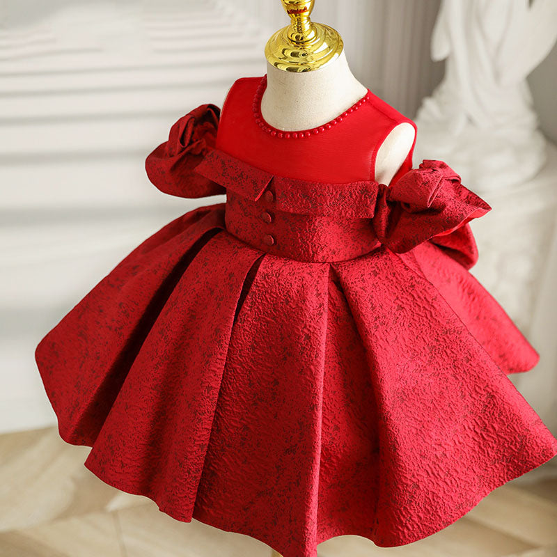 Red Satin A-Line Flower Girl Dress Cold Shoulder Bow Knee