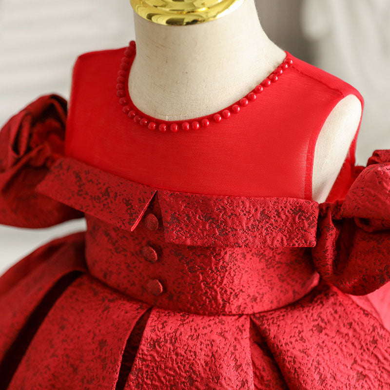 Red Satin A-Line Flower Girl Dress Cold Shoulder Bow Knee
