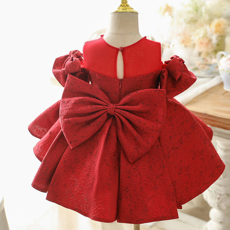 Red Satin A-Line Flower Girl Dress Cold Shoulder Bow Knee