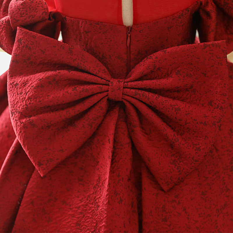 Red Satin A-Line Flower Girl Dress Cold Shoulder Bow Knee