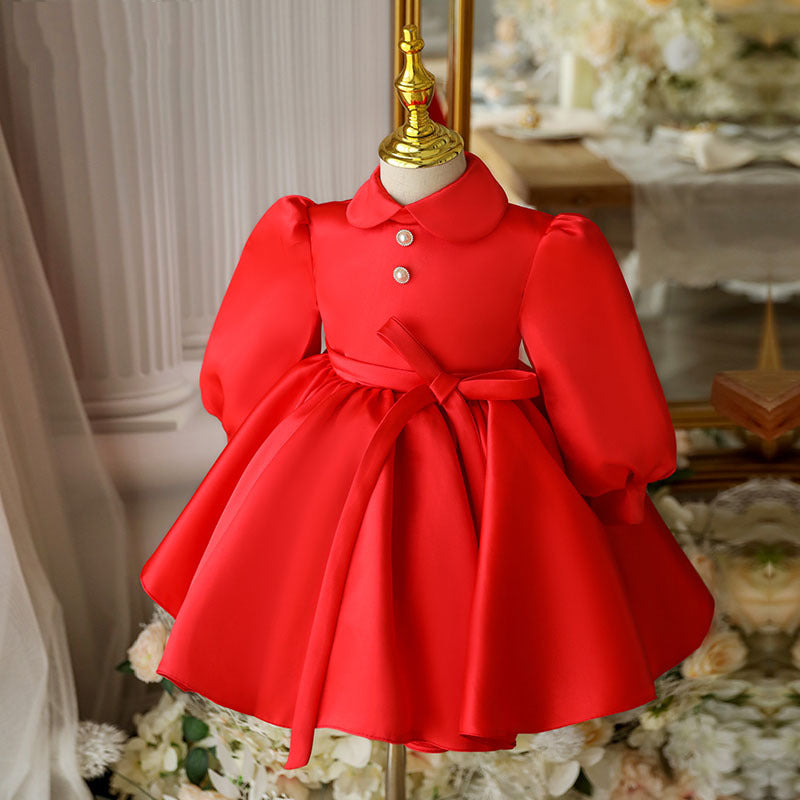 Red Satin A-Line Flower Girl Dress Collared Lantern Sleeves