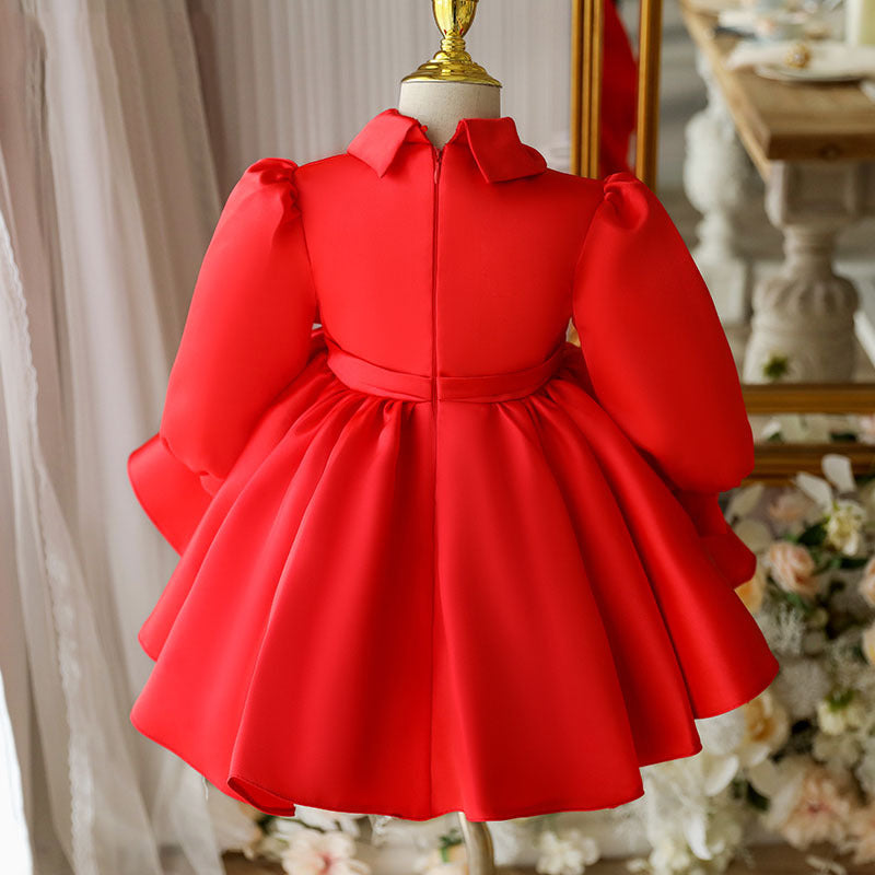 Red Satin A-Line Flower Girl Dress Collared Lantern Sleeves