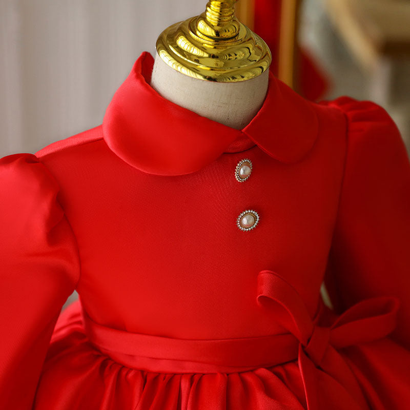 Red Satin A-Line Flower Girl Dress Collared Lantern Sleeves
