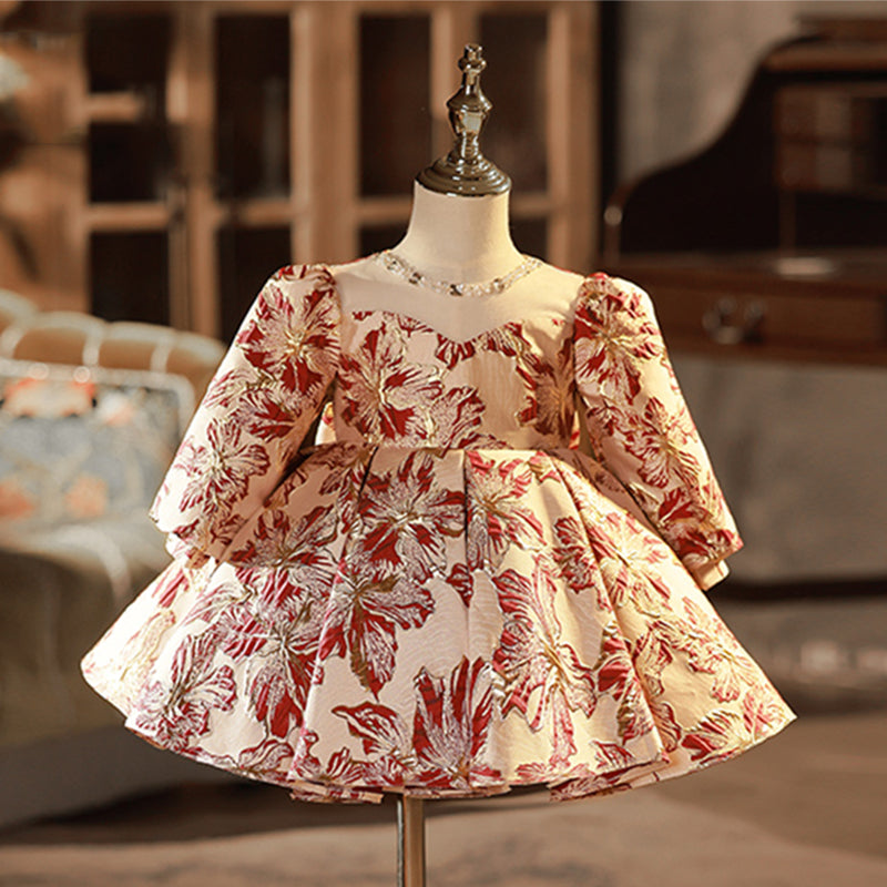 Red Satin A-Line Flower Girl Dress Round Neck Lantern Sleeve