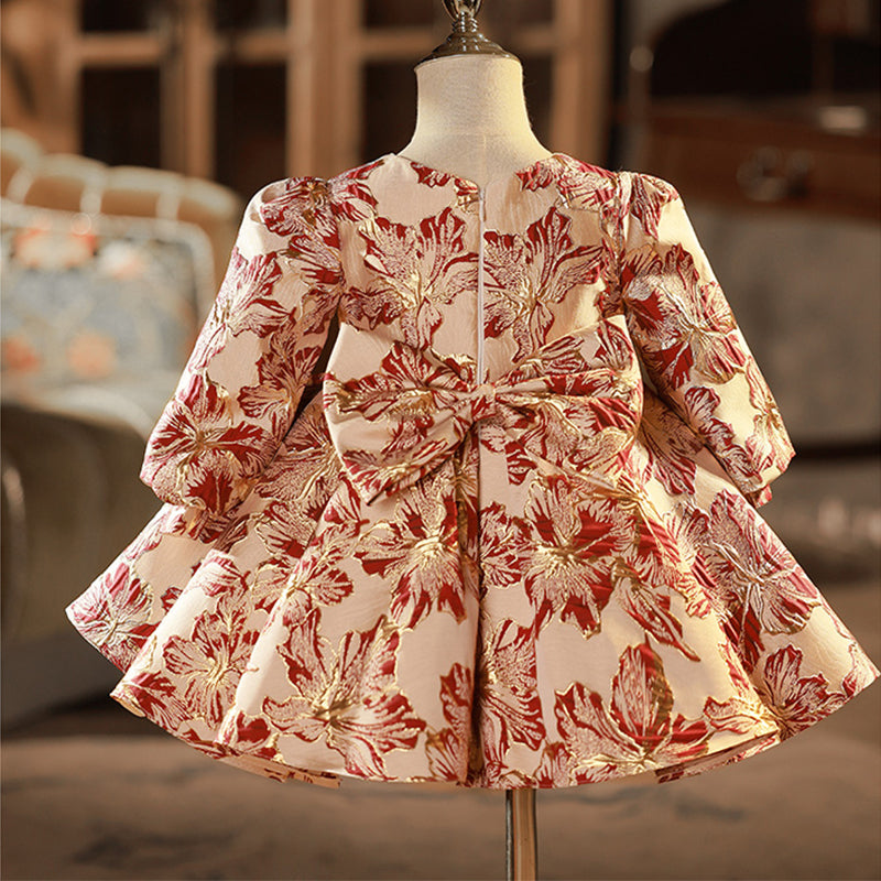 Red Satin A-Line Flower Girl Dress Round Neck Lantern Sleeve