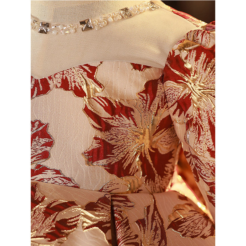 Red Satin A-Line Flower Girl Dress Round Neck Lantern Sleeve
