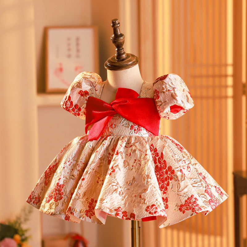 Red Satin A-Line Flower Girl Dress with Floral Puff Sleeves