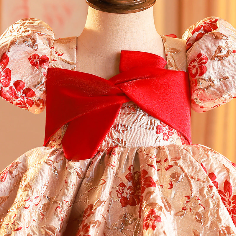 Red Satin A-Line Flower Girl Dress with Floral Puff Sleeves