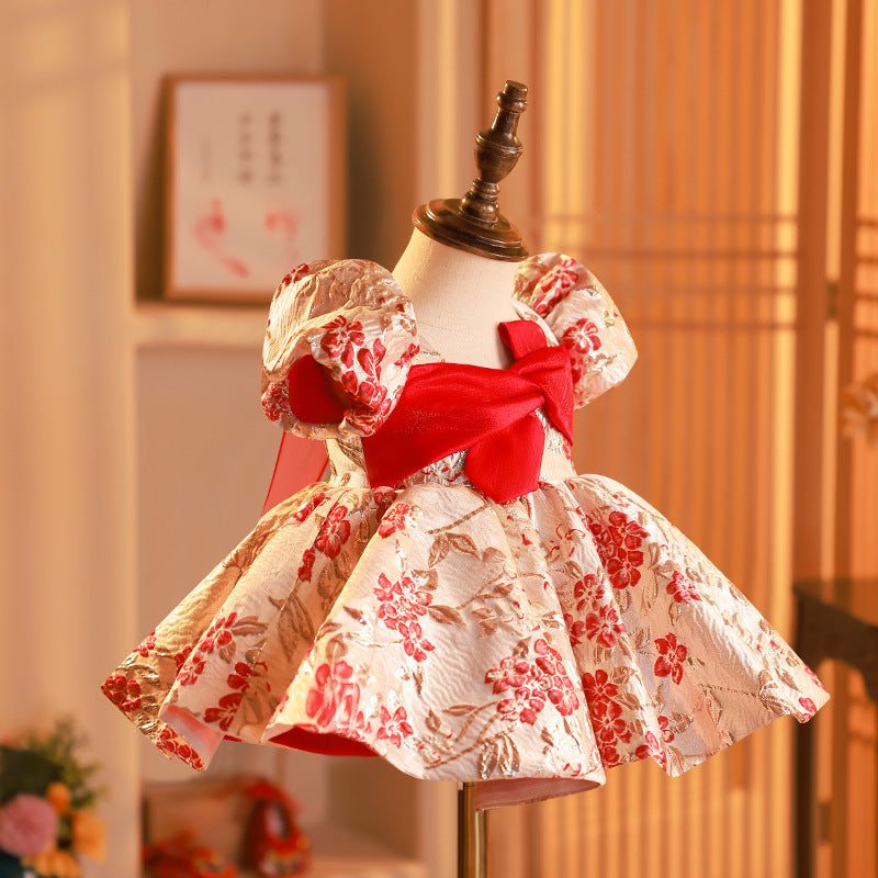 Red Satin A-Line Flower Girl Dress with Floral Puff Sleeves