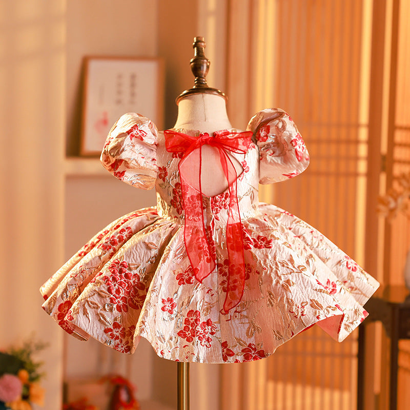 Red Satin A-Line Flower Girl Dress with Floral Puff Sleeves