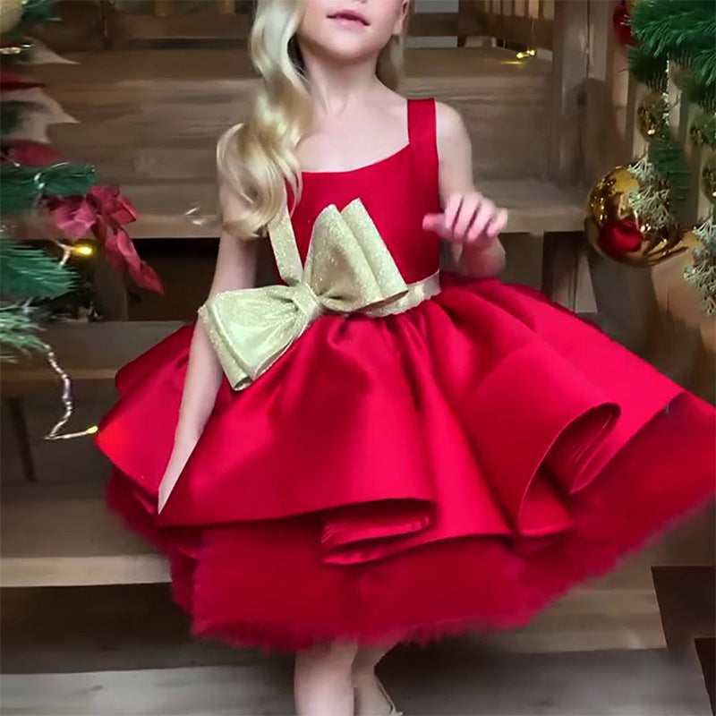 Red Satin A-Line Knee-Length Flower Girl Dress with Bow