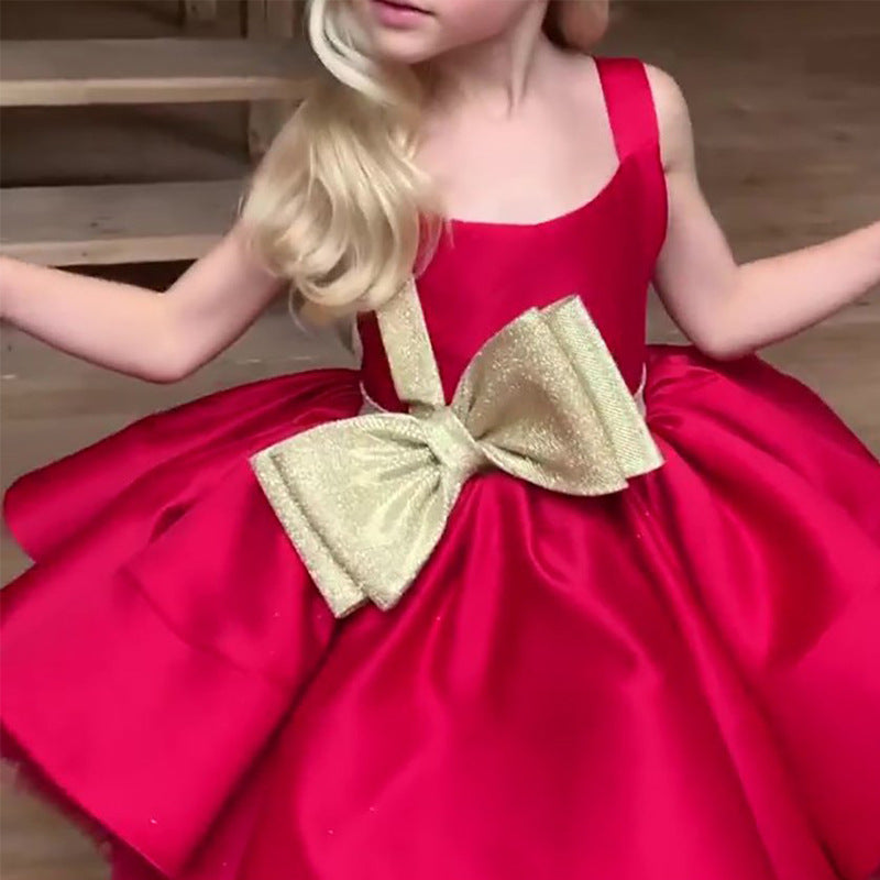 Red Satin A-Line Knee-Length Flower Girl Dress with Bow