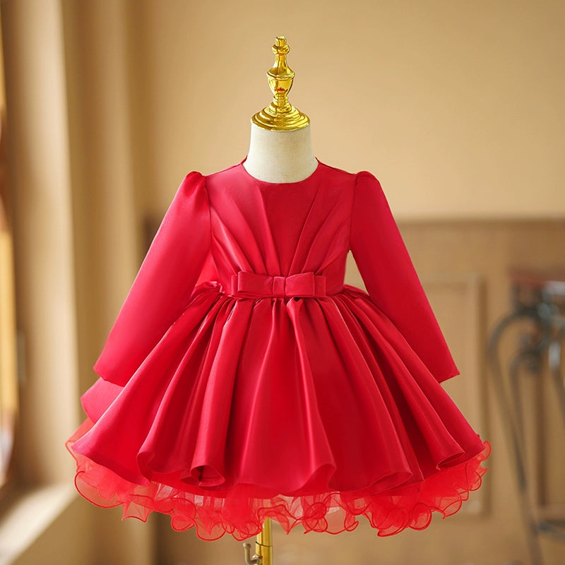 Red Satin Ball Gown Long Sleeve Dress for Girls - Winter Princess Party Dress