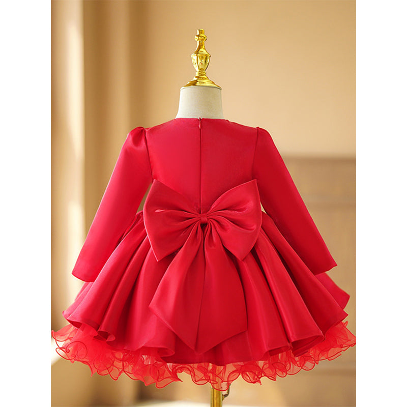 Red Satin Ball Gown Long Sleeve Dress for Girls - Winter Princess Party Dress