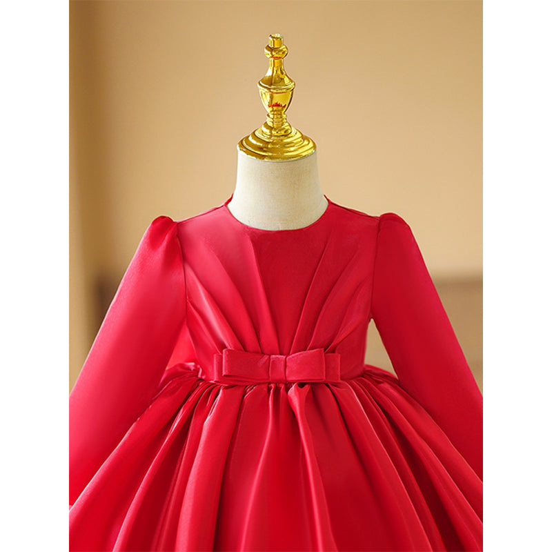Red Satin Ball Gown Long Sleeve Dress for Girls - Winter Princess Party Dress
