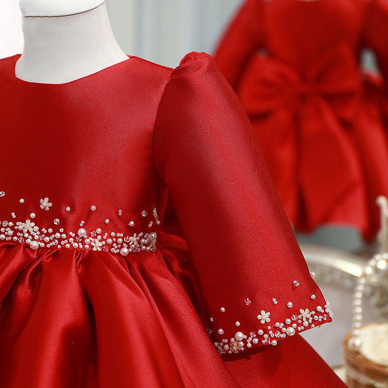 Red Satin Princess Flower Girl Dress Beaded Ruffle Long Sleeve