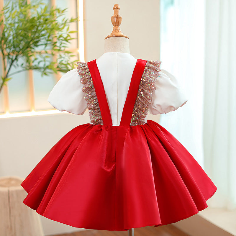 Red Satin Princess Flower Girl Dress Sequin Ruffle Puff Sleeve