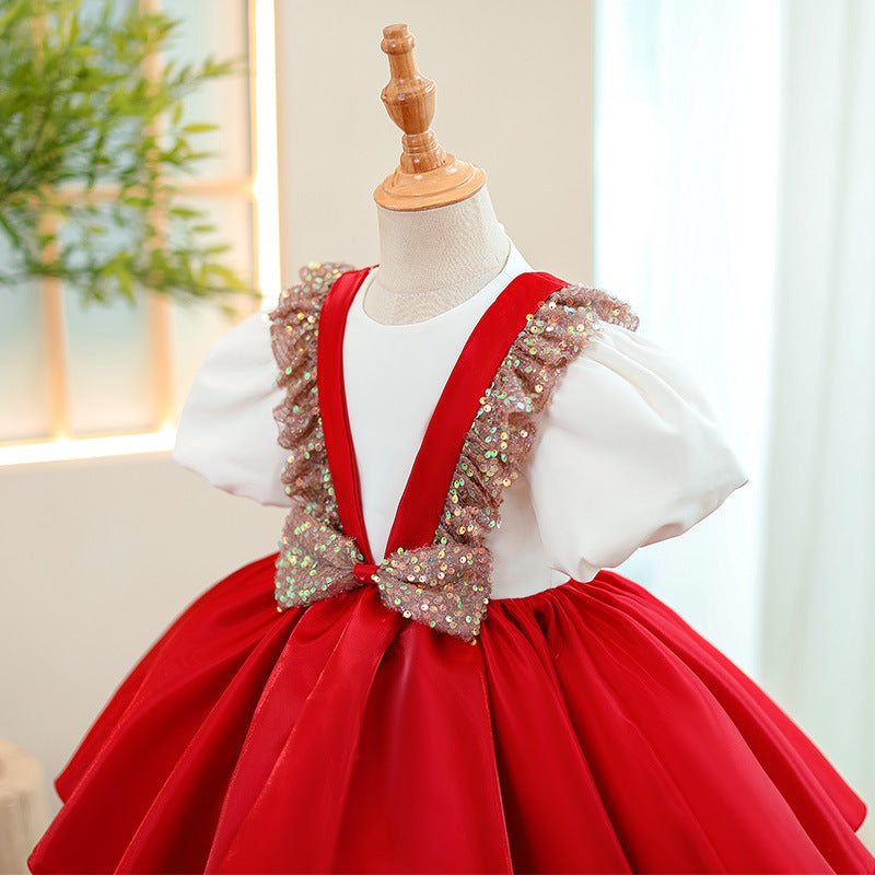 Red Satin Princess Flower Girl Dress Sequin Ruffle Puff Sleeve