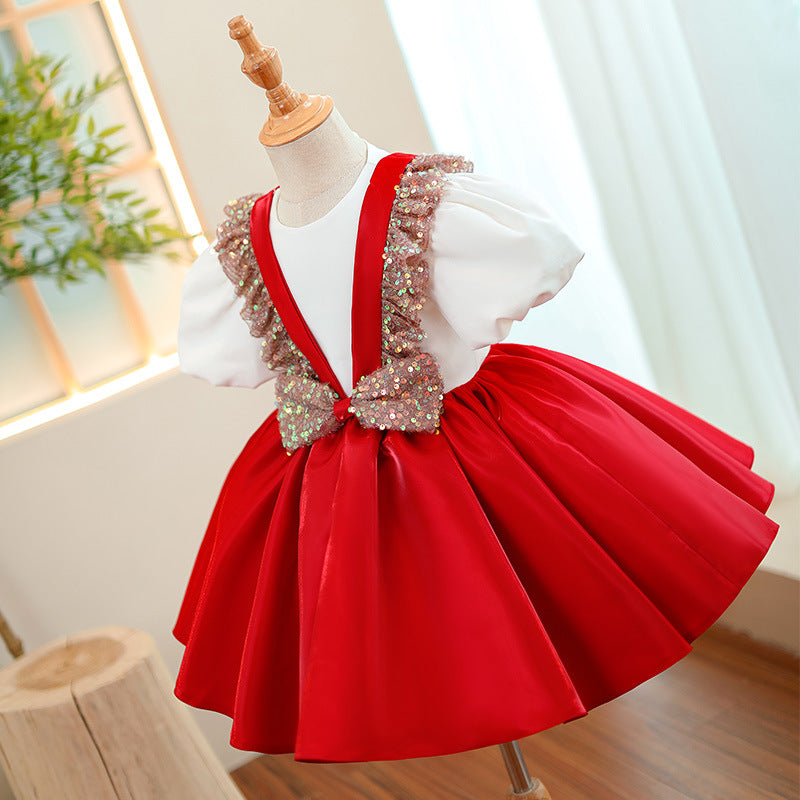 Red Satin Princess Flower Girl Dress Sequin Ruffle Puff Sleeve