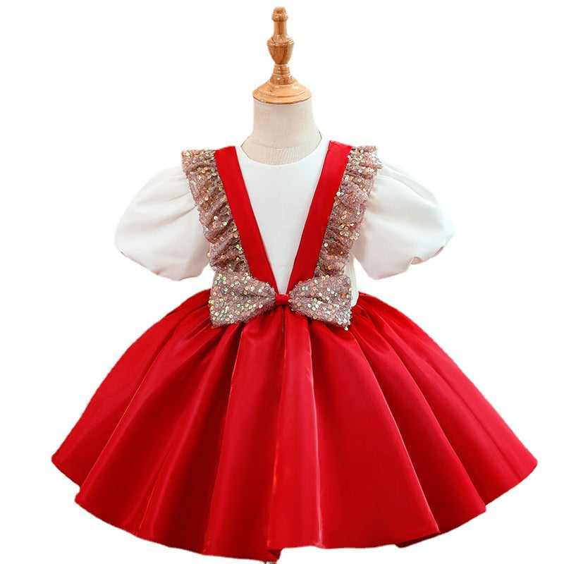 Red Satin Princess Flower Girl Dress Sequin Ruffle Puff Sleeve