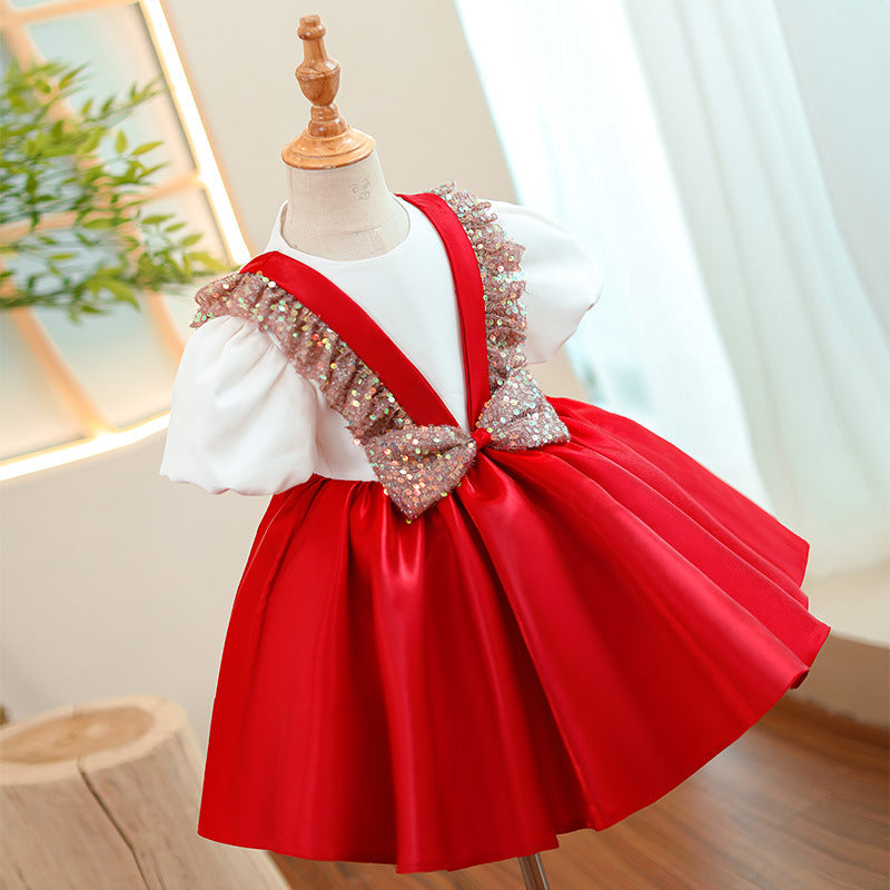 Red Satin Princess Flower Girl Dress Sequin Ruffle Puff Sleeve
