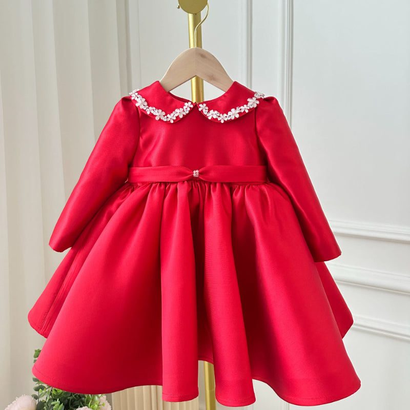 Red Sequin Bow Satin A-Line Dress for Girls, Kids Party & Special Occasion Outfit