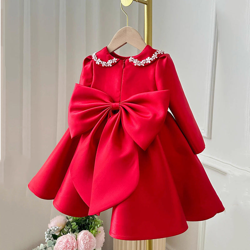 Red Sequin Bow Satin A-Line Dress for Girls, Kids Party & Special Occasion Outfit