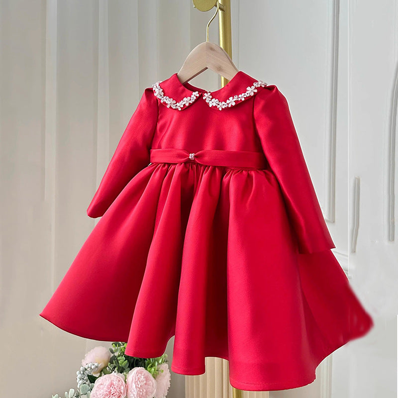 Red Sequin Bow Satin A-Line Dress for Girls, Kids Party & Special Occasion Outfit