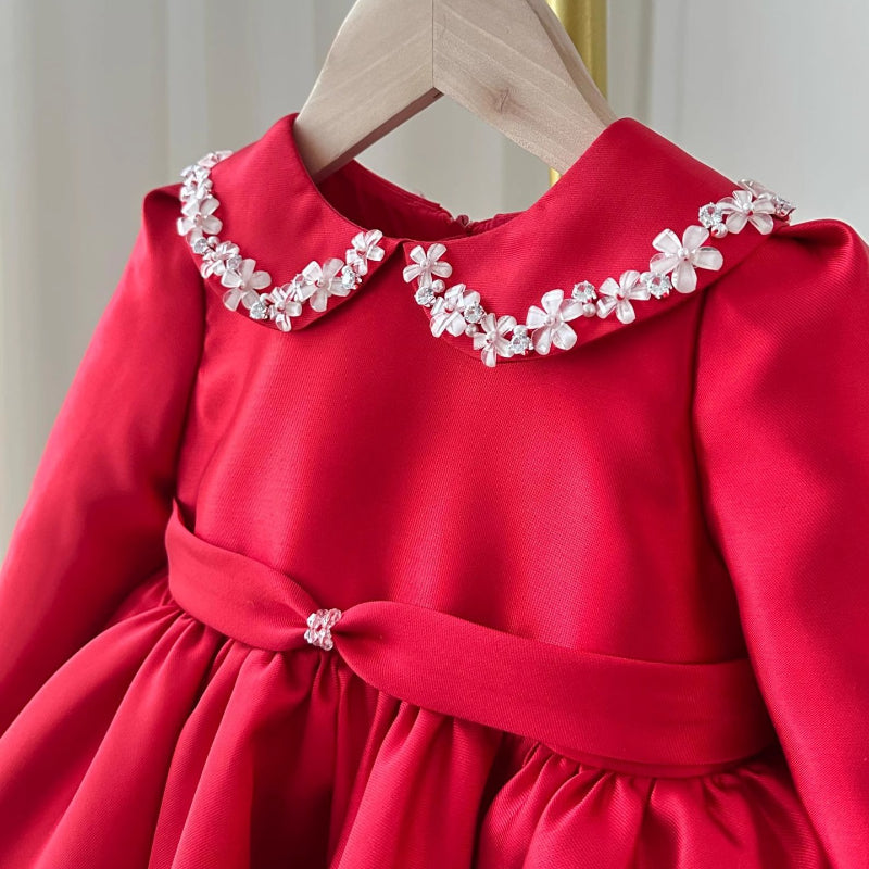 Red Sequin Bow Satin A-Line Dress for Girls, Kids Party & Special Occasion Outfit