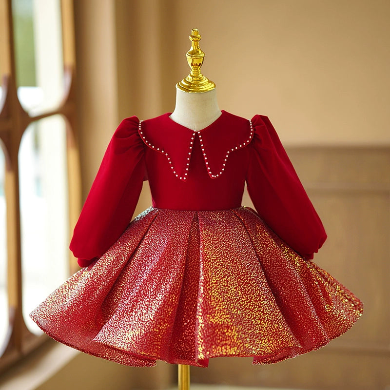 Red Sequin Ball Gown for Girls with Collared Neck – Holiday & Party Dress