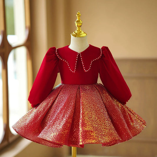 Red Sequin Ball Gown for Girls with Collared Neck – Holiday & Party Dress