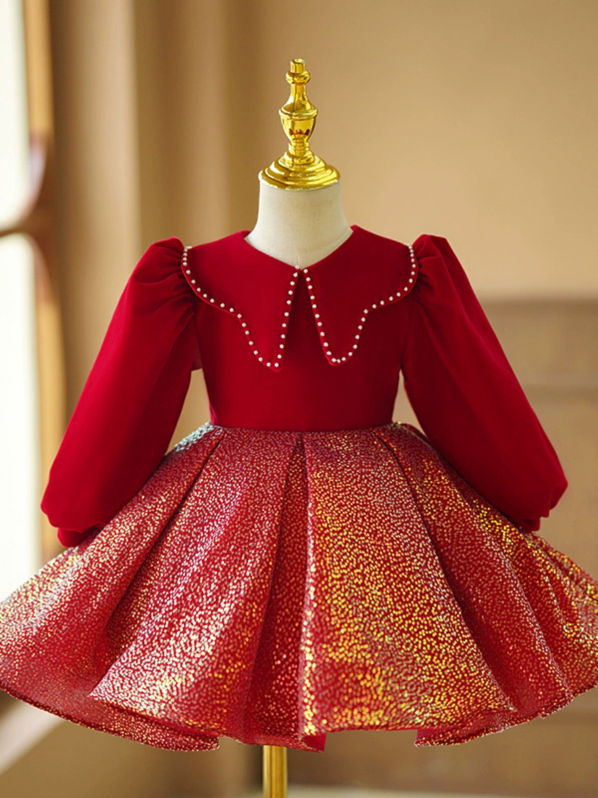 Red Sequin Ball Gown for Girls with Collared Neck – Holiday & Party Dress