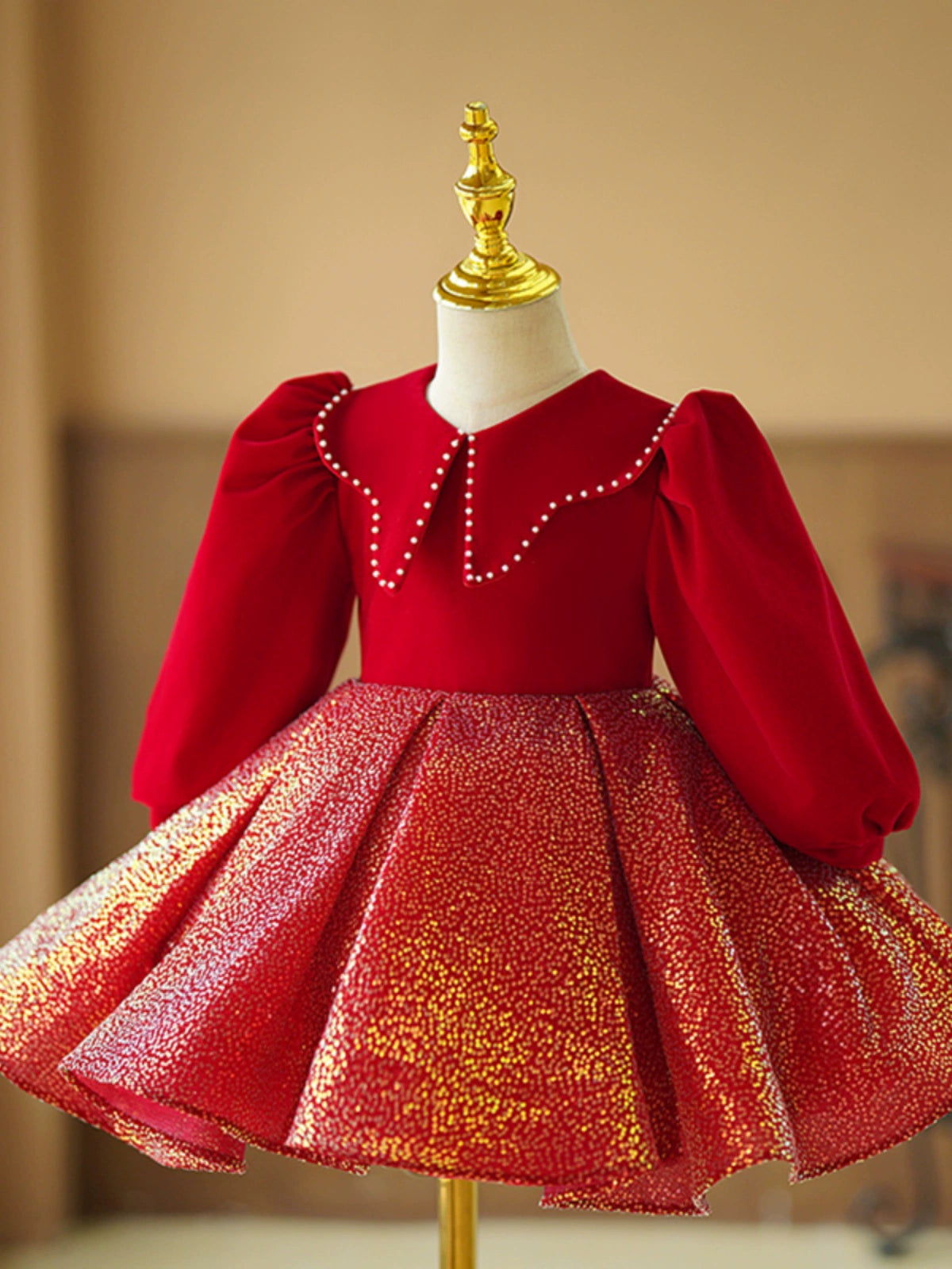 Red Sequin Ball Gown for Girls with Collared Neck – Holiday & Party Dress