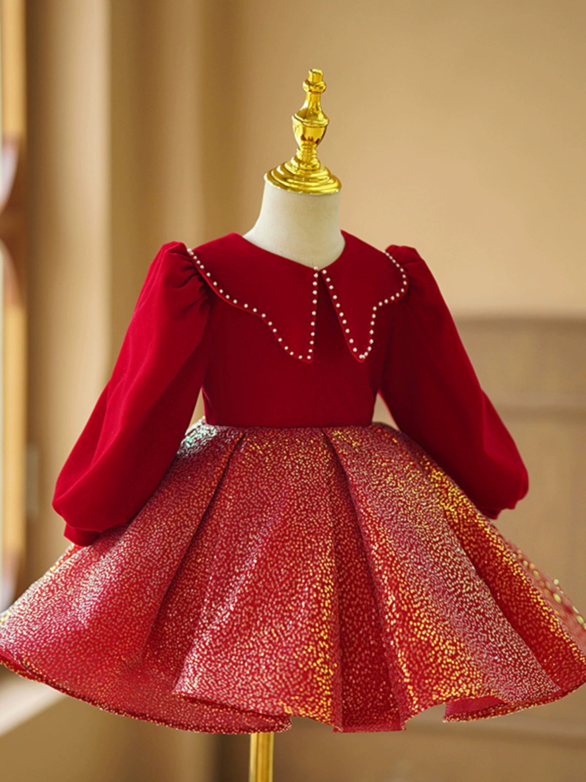 Red Sequin Ball Gown for Girls with Collared Neck – Holiday & Party Dress