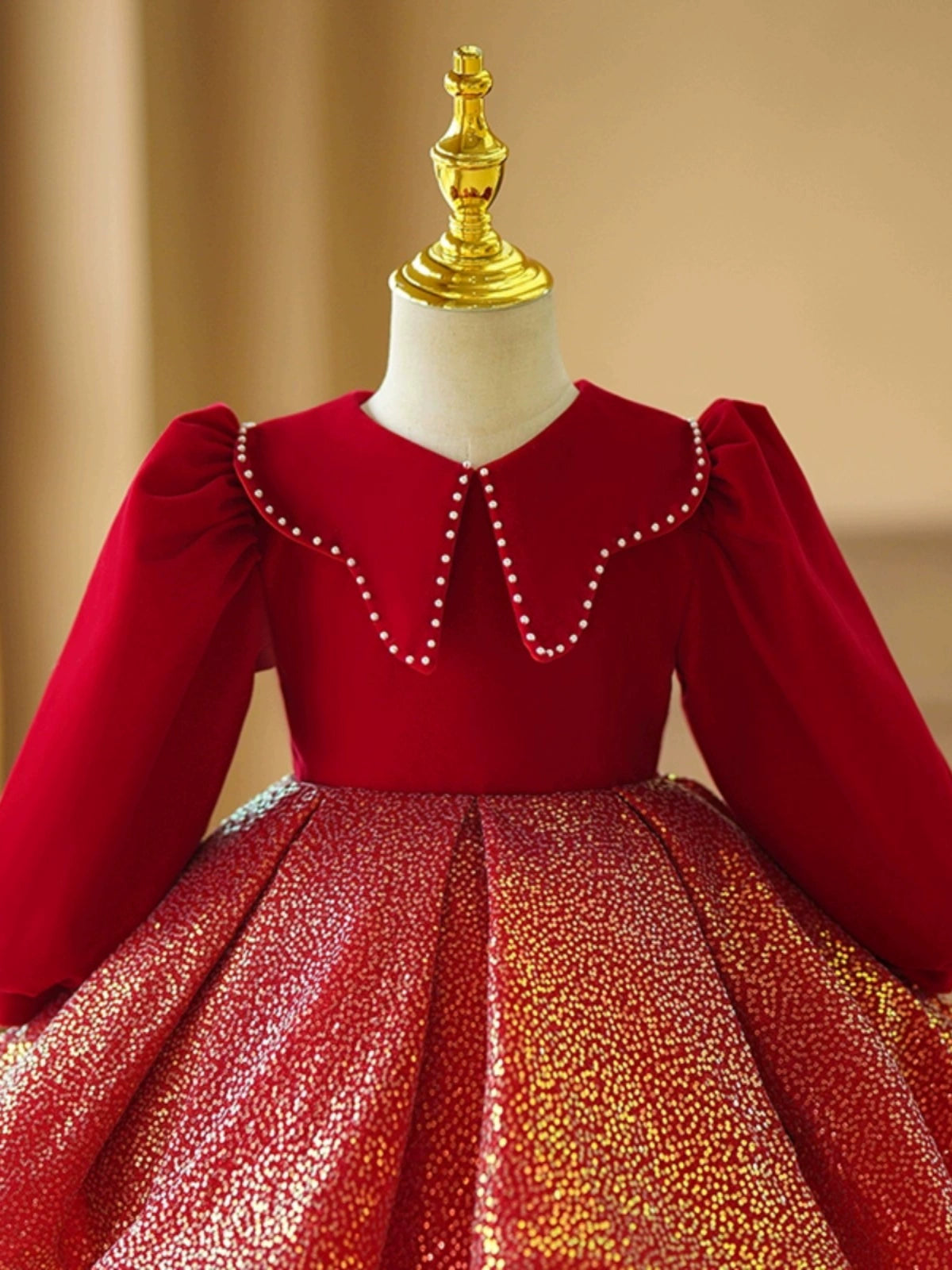 Red Sequin Ball Gown for Girls with Collared Neck – Holiday & Party Dress