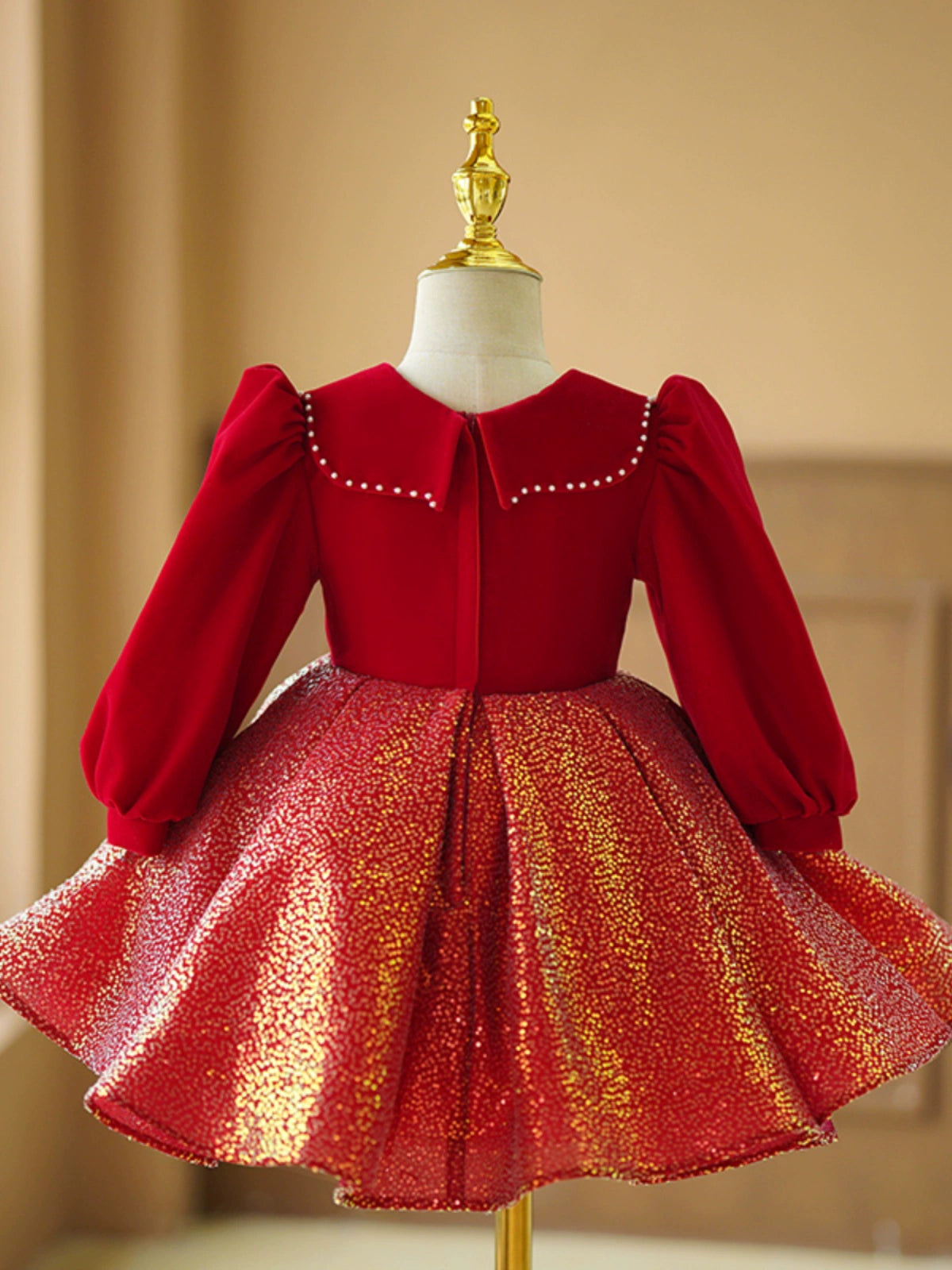 Red Sequin Ball Gown for Girls with Collared Neck – Holiday & Party Dress
