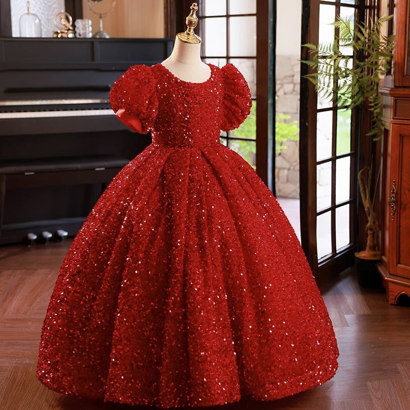 Red Sequin Ball Gown Dress for Girls | Floor Length Birthday & Party Gown